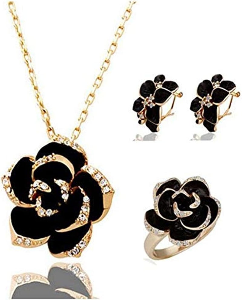 SCIENISH Gold Plated Rose Flower Necklace Earrings Set with Ring - Black - Image 1