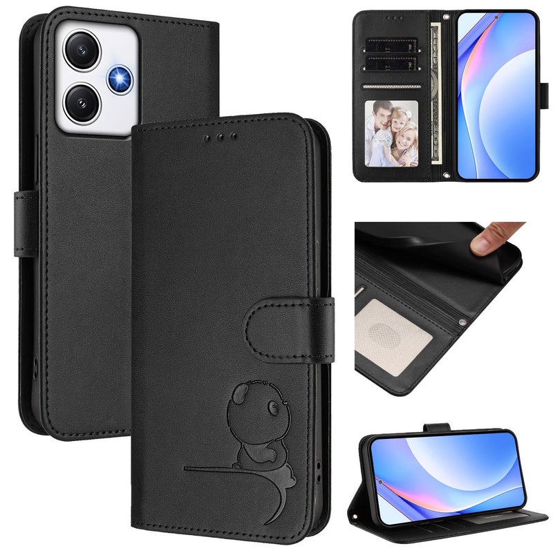 إيروريكس جراب هاتف جلدي بتقنية RFID مطبوع عليه صورة باندا قمامة مع حبل لهاتف Redmi 12 4G / 12 5G العالمي / الهندي (أسود) - Image 1