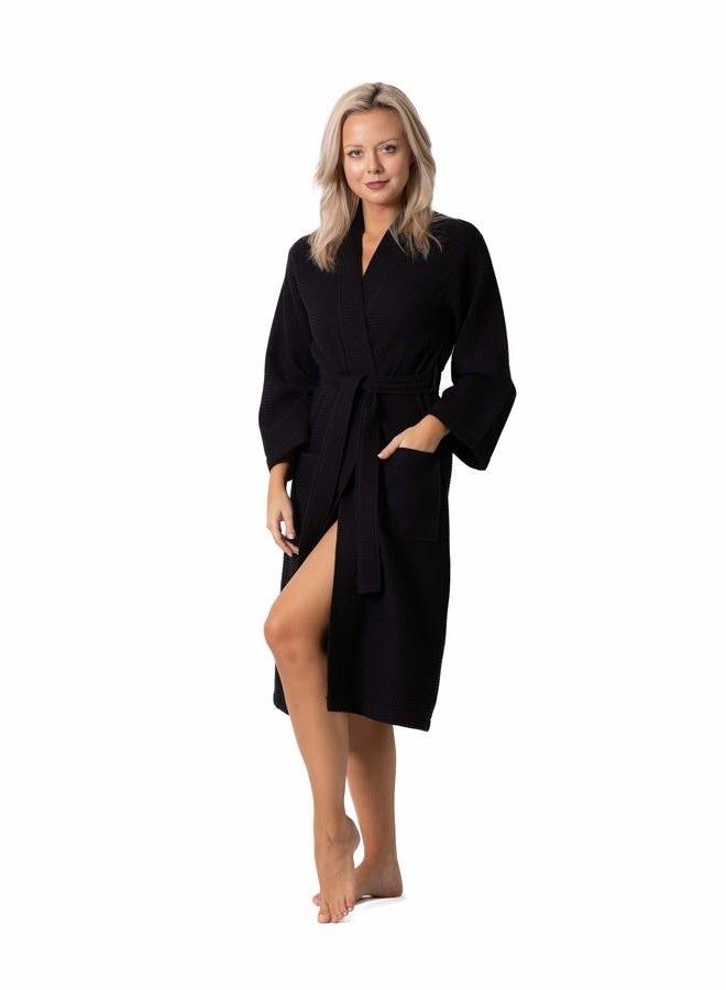 Turkish Linen Waffle Knit Lightweight Kimono Spa & Bath Robes for Women - Quick Dry - Soft, Black, L - Image 1