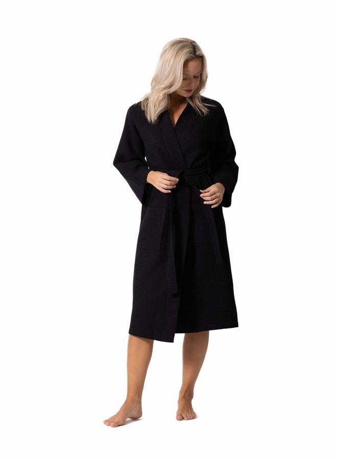 Turkish Linen Waffle Knit Lightweight Kimono Spa & Bath Robes for Women - Quick Dry - Soft, Black, L - Image 3