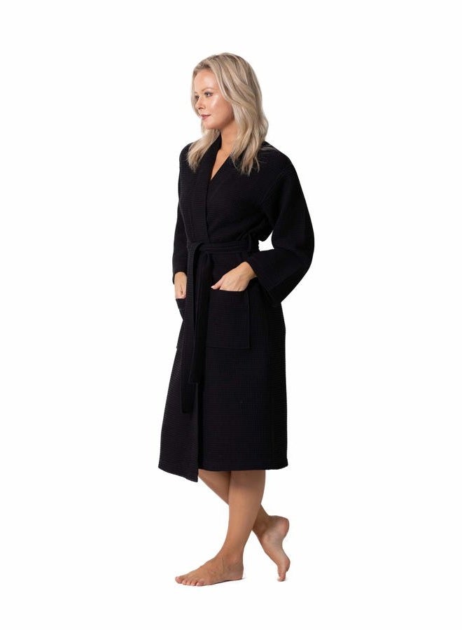 Turkish Linen Waffle Knit Lightweight Kimono Spa & Bath Robes for Women - Quick Dry - Soft, Black, L - Image 2