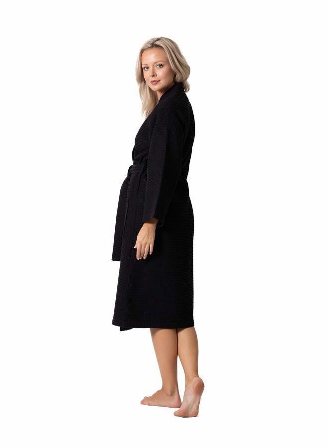 Turkish Linen Waffle Knit Lightweight Kimono Spa & Bath Robes for Women - Quick Dry - Soft, Black, L - Image 4