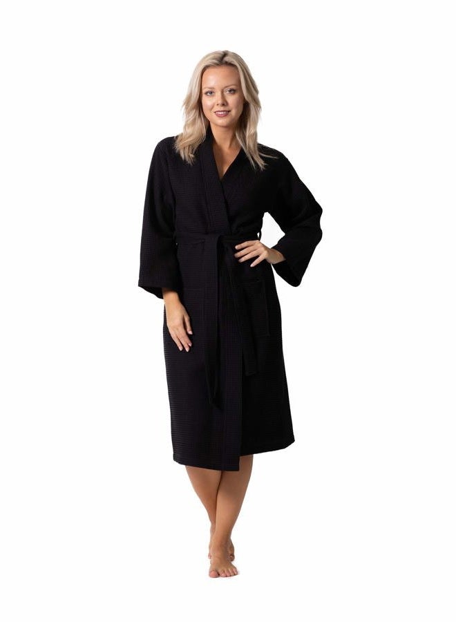 Turkish Linen Waffle Knit Lightweight Kimono Spa & Bath Robes for Women - Quick Dry - Soft, Black, L - Image 5