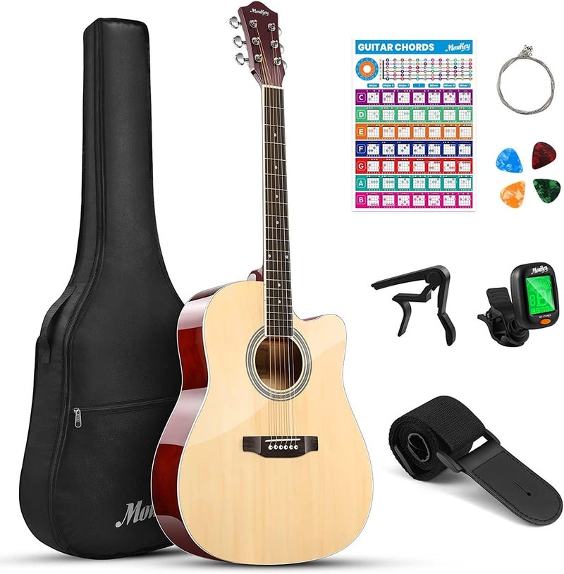 Moukey 41" Acoustic Guitar for Beginners Adults 4/4 Guitarra Acustica with Chord Poster, Gig Bag, Tuner,Steel Strings, Capo, Strap, Natural - Image 1