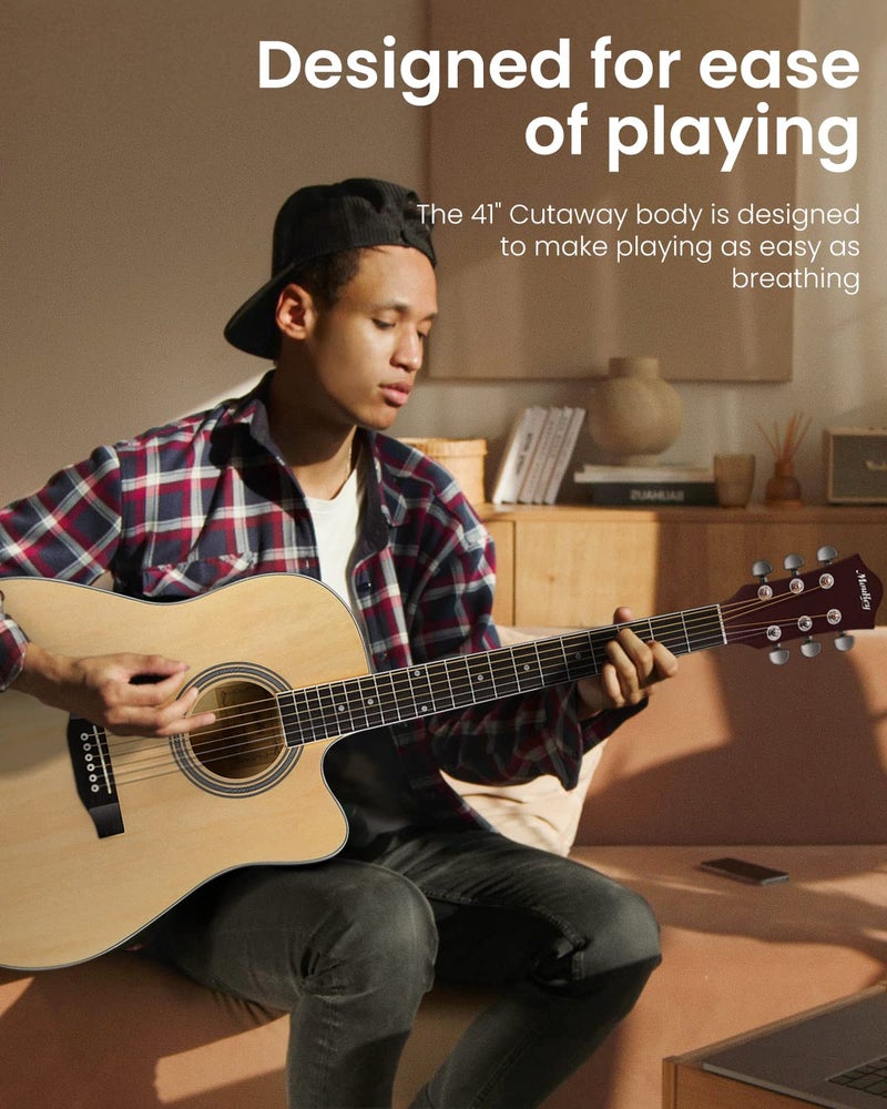 Moukey 41" Acoustic Guitar for Beginners Adults 4/4 Guitarra Acustica with Chord Poster, Gig Bag, Tuner,Steel Strings, Capo, Strap, Natural - Image 2