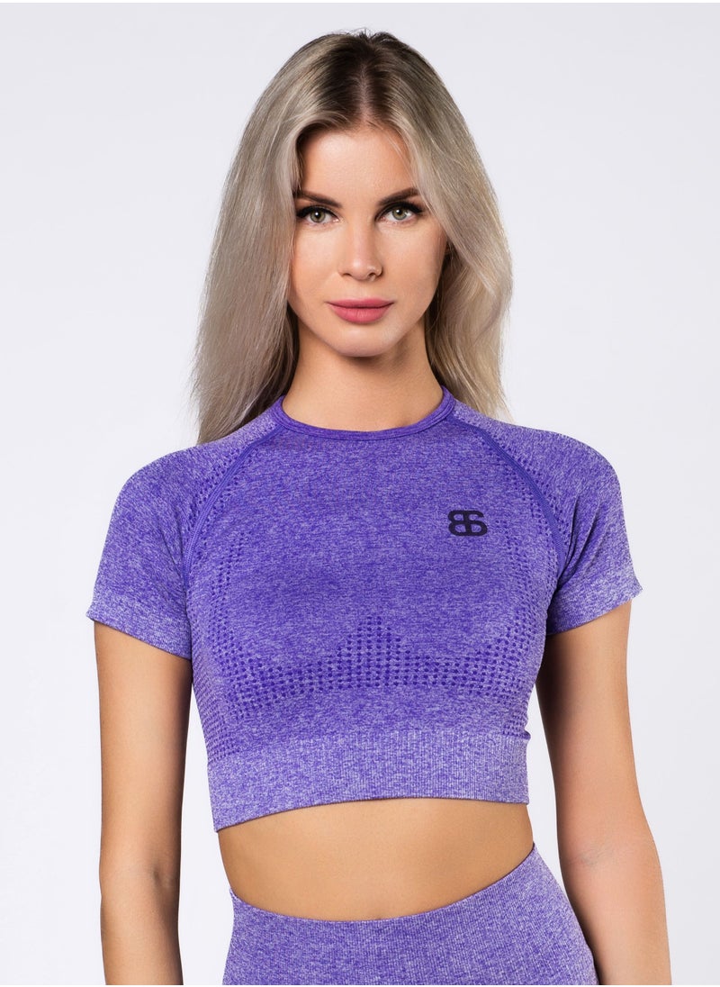 Bernessi Nylon Melange Short Sleeve Crop Top with Round Neck Women's Cropped T Shirt for Workout Yoga Running Exercise Textured Violet  - Image 1