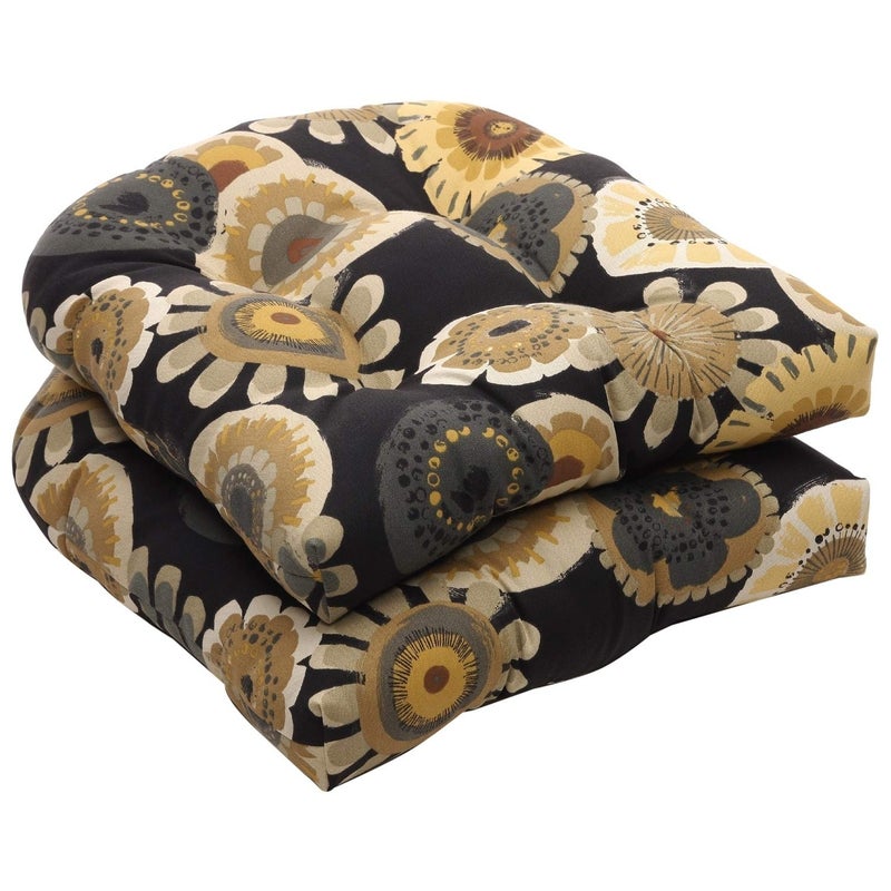 Pillow Perfect Floral IndoorOutdoor Chair Seat Cushion Tufted Weather and Fade Resistant 19 x 19 BlackYellow Crosby 2 Count