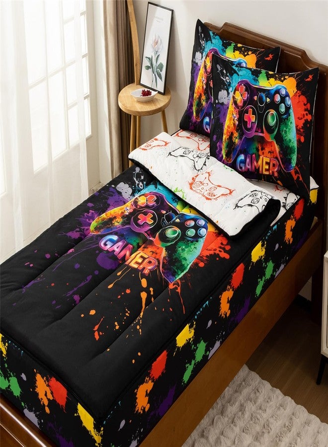 NTBED طقم مفروشات NTBED مطبوع عليه رسومات ألعاب، بسحاب، مقاس مفرد للأطفال الأولاد، خفيف الوزن، مصنوع من الألياف الدقيقة المصبوغة بتقنية التاي داي، يتضمن لحافًا مع ملاءة مثبتة وأغطية وسائد، متعدد الألوان. - Image 2