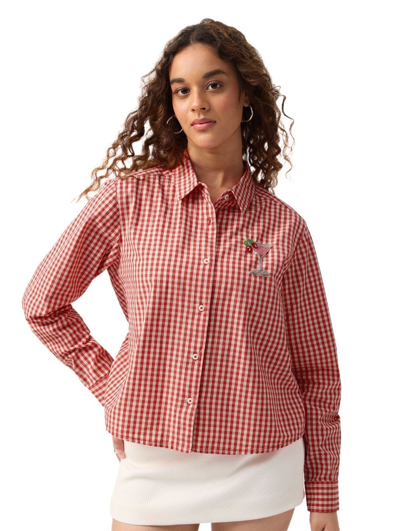 The Souled Store Plaid Shirt: Martini Women and Girls Full Sleeves Button-Down Collar Red Plaid Embroidered Cotton Regular Fit Lightweight Winter-Ready Shirt for Casual Streetwear - Image 1