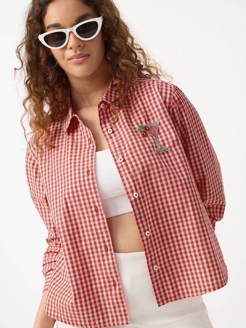 The Souled Store Plaid Shirt: Martini Women and Girls Full Sleeves Button-Down Collar Red Plaid Embroidered Cotton Regular Fit Lightweight Winter-Ready Shirt for Casual Streetwear - Image 3