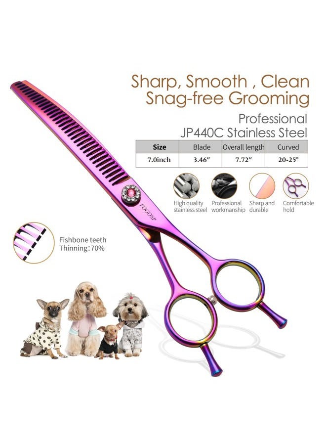 FOGOSP Curved Thinning Shear Dog 7.0'' Professional Downward Curved Chunkers Shears Dog Grooming Japan 440C Stainless Steel 75% Thinning Rate(Rainbow) - Image 2