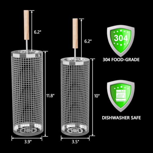 Bmavysa Rolling Grill Basket 2-Pack, Premium 304 Stainless Steel, Removable Wooden Handles, Upgrade Rolling Grill Baskets for Outdoor Grill, BBQ Grill Accessories for Outdoor Grill, Outdoor Gifts for men - Image 2