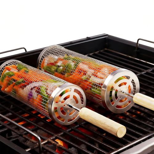 Bmavysa Rolling Grill Basket 2-Pack, Premium 304 Stainless Steel, Removable Wooden Handles, Upgrade Rolling Grill Baskets for Outdoor Grill, BBQ Grill Accessories for Outdoor Grill, Outdoor Gifts for men - Image 1