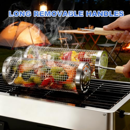 Bmavysa Rolling Grill Basket 2-Pack, Premium 304 Stainless Steel, Removable Wooden Handles, Upgrade Rolling Grill Baskets for Outdoor Grill, BBQ Grill Accessories for Outdoor Grill, Outdoor Gifts for men - Image 5
