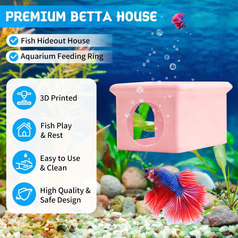 VOXGET Floating Betta Fish Hammock Cave House for Aquarium, 3D Printed Betta Shrimp Feeder & Hideout Cave Toys, Small Aquarium Feeding Ring Decor, Turtle Fish Tank Decorations Accessories -Pink - Image 2
