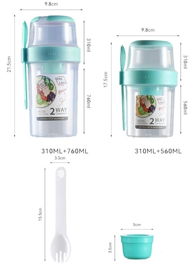 GGEROU 2Pcs Fruit and Vegetable Container with Fork & Salad Dressing Holder, Portable Cereal Cup Food Preservation Box Separated Two Compartments Oatmeal Nut Container for Work Travel, Green 560ml - Image 2
