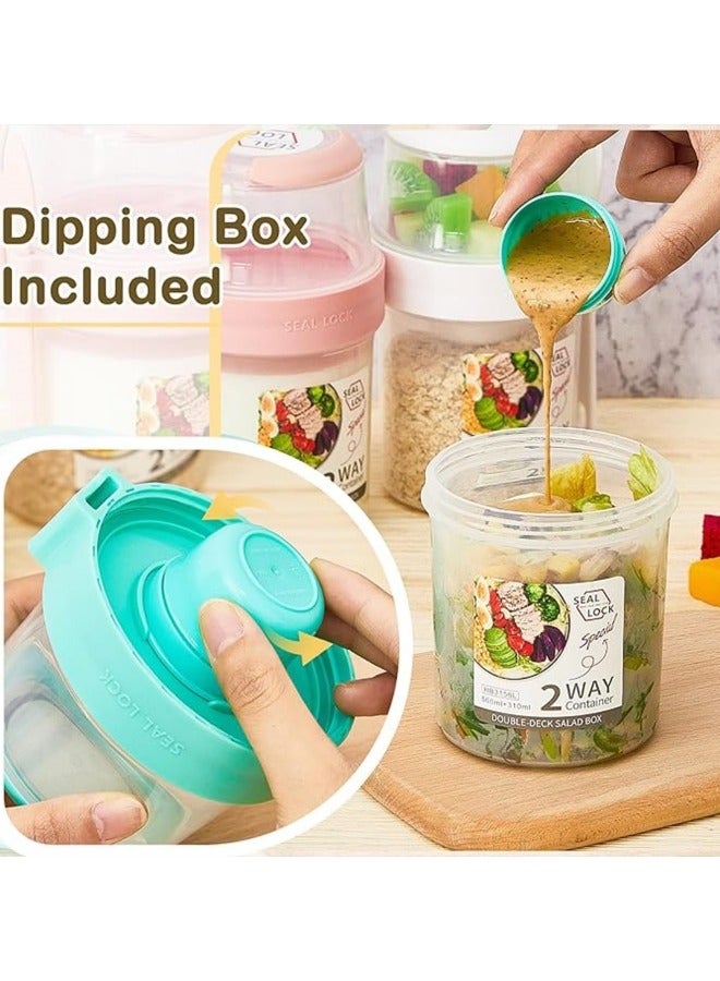 GGEROU 2Pcs Fruit and Vegetable Container with Fork & Salad Dressing Holder, Portable Cereal Cup Food Preservation Box Separated Two Compartments Oatmeal Nut Container for Work Travel, Green 560ml - Image 3