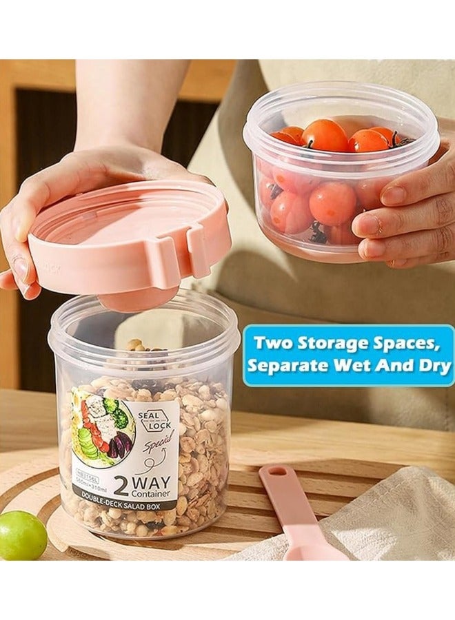 GGEROU 2Pcs Fruit and Vegetable Container with Fork & Salad Dressing Holder, Portable Cereal Cup Food Preservation Box Separated Two Compartments Oatmeal Nut Container for Work Travel, Green 560ml - Image 5