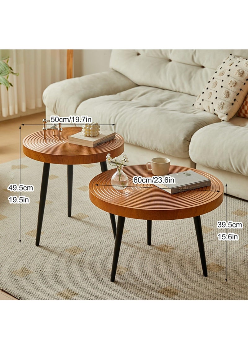 WALALLA Modern Farmhouse Living Room Coffee Table Set, Nesting Side Table Round Natural Finish Tea Table with Wood Ring Motif for Balcony Decor Walnut,50cm+60cm - Image 4