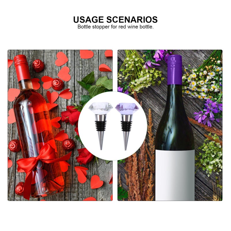 Crystal Purple Diamond Design Reusable Wine Stoppers 2 Pieces Set For Dining Room - Image 4