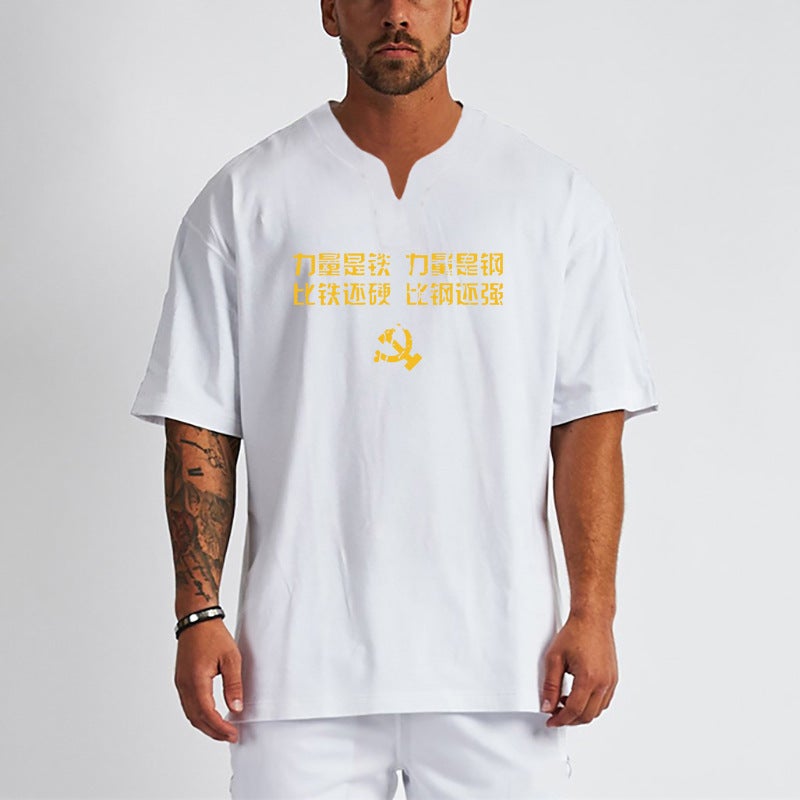Muscle loose sports fitness T-shirt summer half sleeve sportswear bodybuilding muscle training suit plus size drop shoulder sleeve - Image 3
