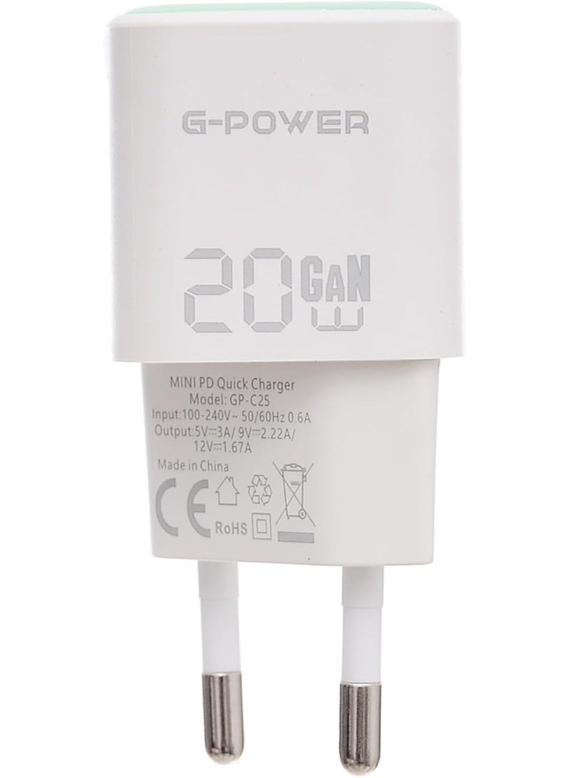 جي باور شاحن سريع G-Power GP-C25 بقوة 20 واط بمنفذ USB-C واحد، متوافق مع أجهزة iPhone 16/14/14 Plus/14 Pro/14 Pro Max/13، وSamsung، وXiaomi، وPixel 4/3، وiPad - أخضر - Image 2