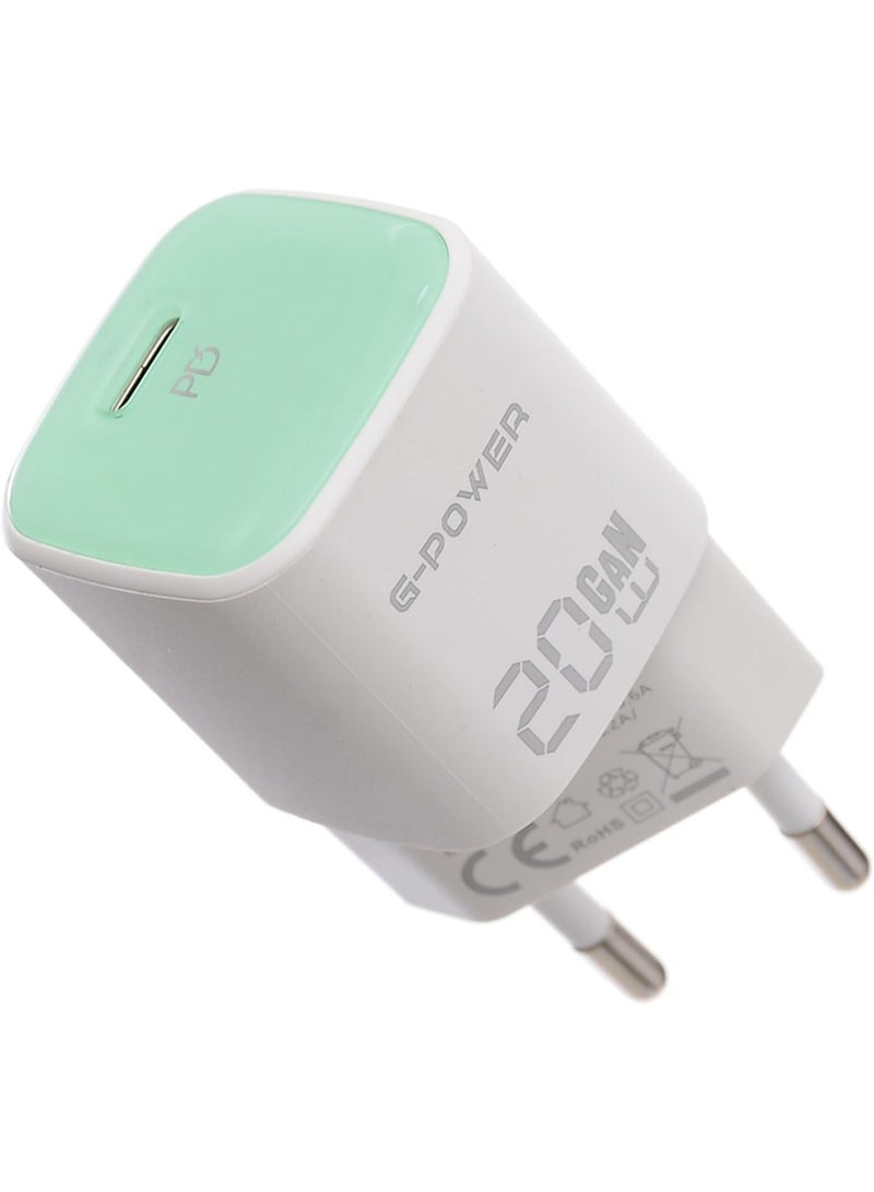 جي باور شاحن سريع G-Power GP-C25 بقوة 20 واط بمنفذ USB-C واحد، متوافق مع أجهزة iPhone 16/14/14 Plus/14 Pro/14 Pro Max/13، وSamsung، وXiaomi، وPixel 4/3، وiPad - أخضر - Image 1