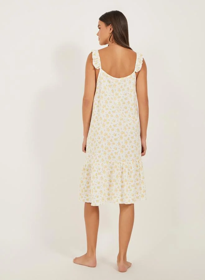 Styli COTTON GAUZE DITSY FLORAL PRINT RUFFLE SLEEVE and HEM SLIPDRESS - KNEE