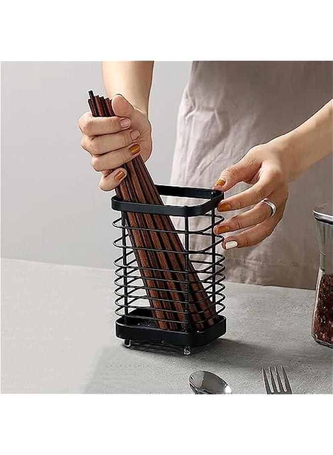 HOOKOR Kitchen Utensil Holder,Stainless Steel Utensil Holder Countertop,Cutlery Drainer for Kitchen Utensil,Utensil Organizer for Silverware,Flatware,Knives in Kitchen,Bedroom,Living Room (Black)  - Image 1