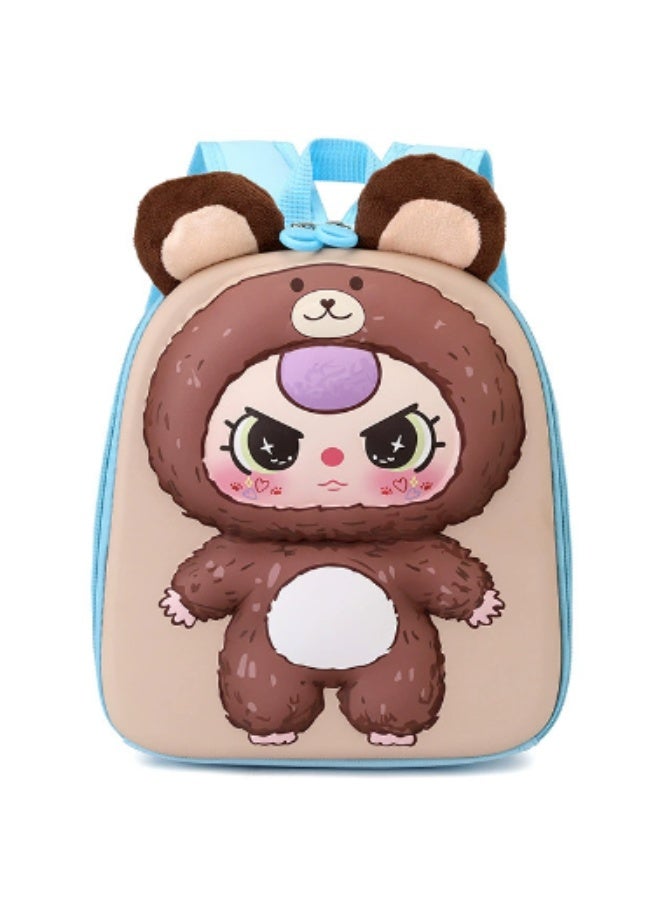 New style cute children's backpack with adorable plush toy on the front. Large ear-shaped cartoon backpack for kindergarten (brown) - Image 1