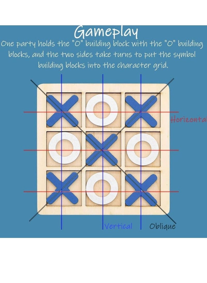 MARGOUN Tic-Tac-Toe Game Toy Classic Wooden Checkerboard Educational Family Game Toys Set for Adults and Kids Blue - Image 3