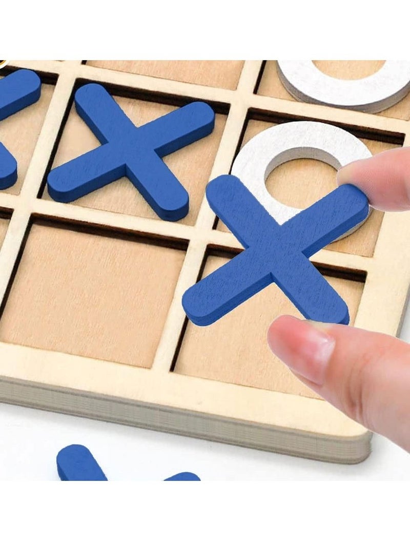 MARGOUN Tic-Tac-Toe Game Toy Classic Wooden Checkerboard Educational Family Game Toys Set for Adults and Kids Blue - Image 2