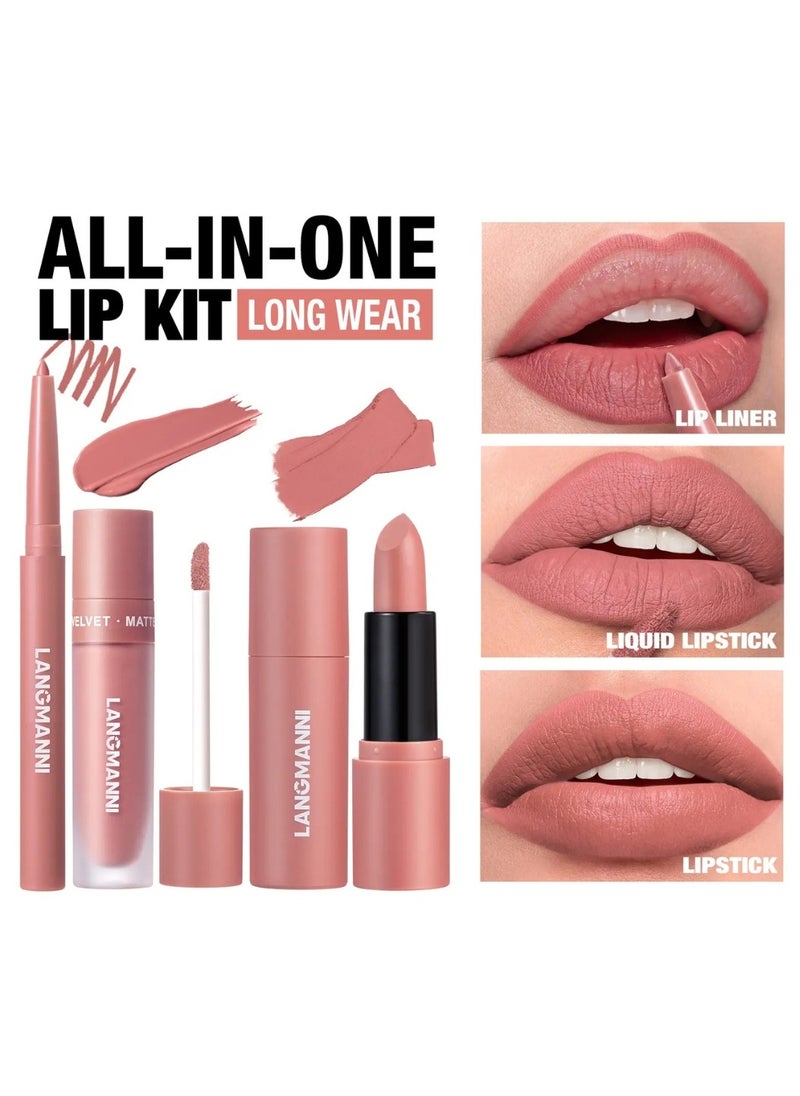 LANGMANNI - 3 in 1 Matte Soft Lip Set Lip Liner Liquid Lip Gloss and Lipstick Combo Set Soft Smooth Natural Lip Contour Set Waterproof and Long Lasting Effect All in One Lip Makeup Gift Set 02 - Image 1