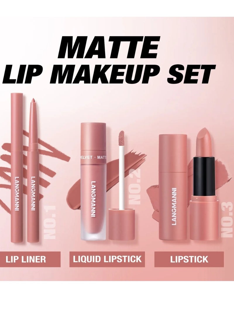 LANGMANNI - 3 in 1 Matte Soft Lip Set Lip Liner Liquid Lip Gloss and Lipstick Combo Set Soft Smooth Natural Lip Contour Set Waterproof and Long Lasting Effect All in One Lip Makeup Gift Set 02 - Image 1
