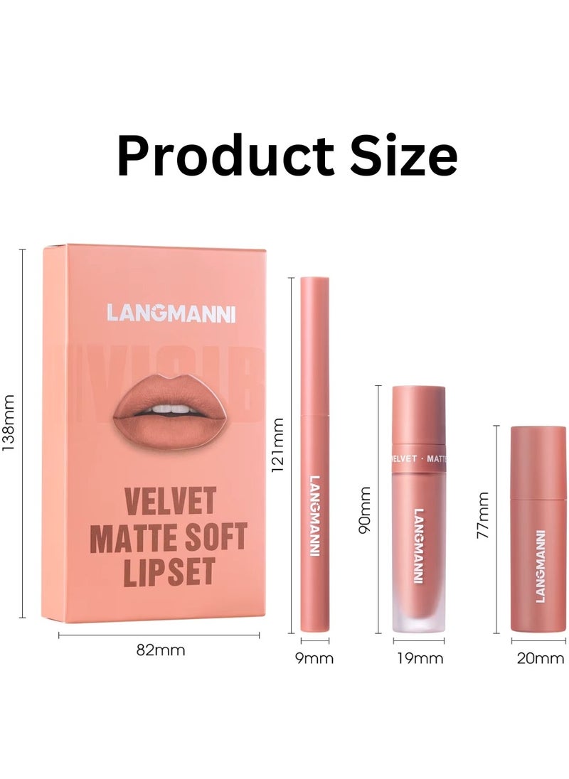 LANGMANNI - 3 in 1 Matte Soft Lip Set Lip Liner Liquid Lip Gloss and Lipstick Combo Set Soft Smooth Natural Lip Contour Set Waterproof and Long Lasting Effect All in One Lip Makeup Gift Set 02 - Image 1