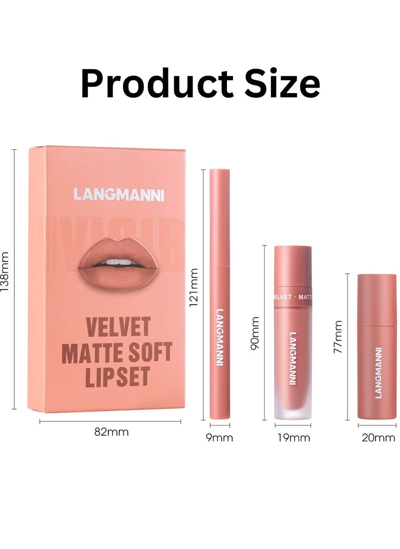 LANGMANNI - 3 in 1 Matte Soft Lip Set Lip Liner Liquid Lip Gloss and Lipstick Combo Set Soft Smooth Natural Lip Contour Set Waterproof and Long Lasting Effect All in One Lip Makeup Gift Set 02 - Image 1