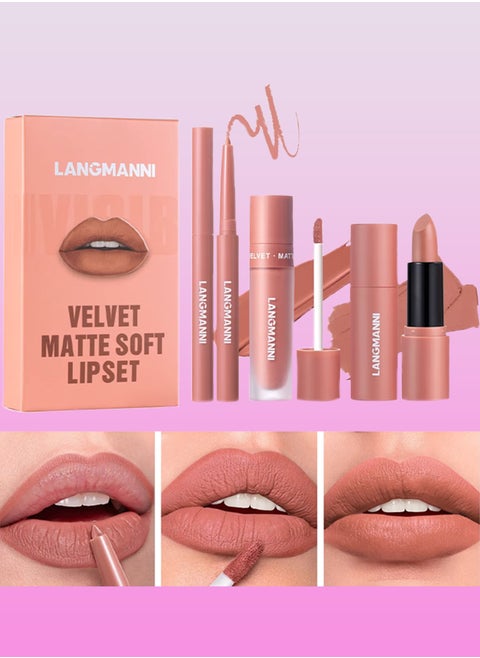 3 in 1 Matte Soft Lip Set Lip Liner Liquid Lip Gloss and Lipstick Combo Set Soft Smooth Natural Lip Contour Set Waterproof and Long Lasting Effect All in One Lip Makeup Gift Set 02
