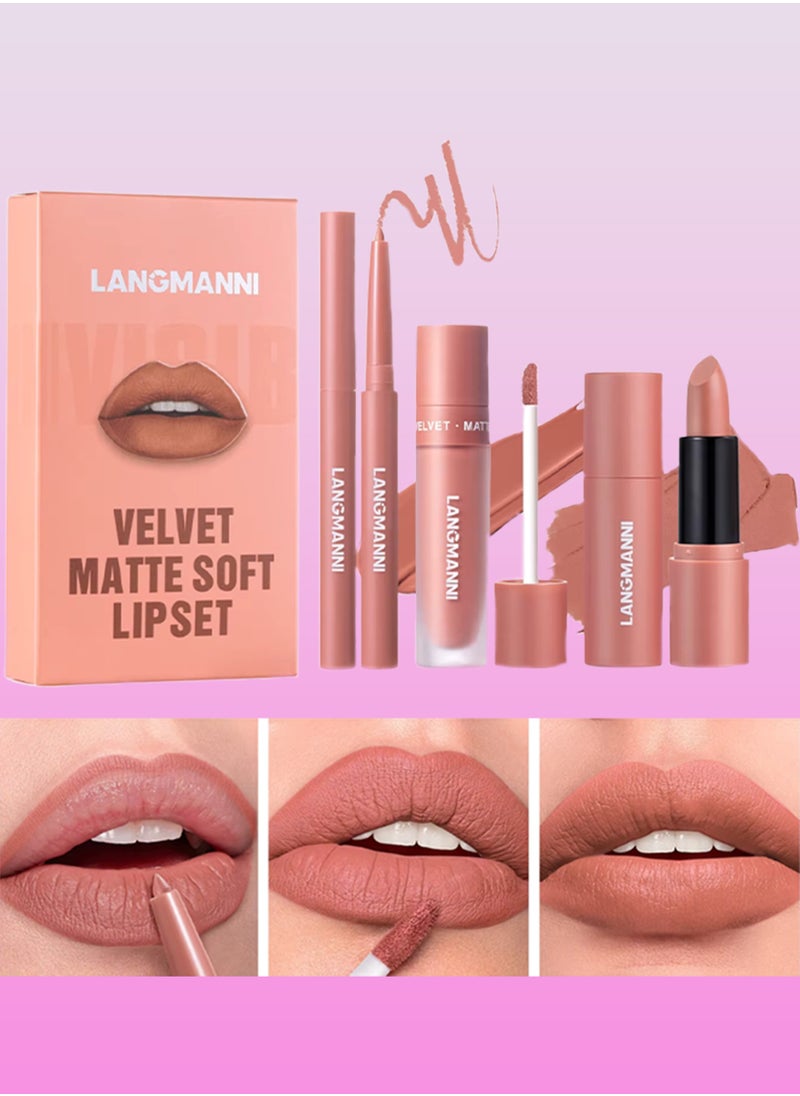 LANGMANNI - 3 in 1 Matte Soft Lip Set Lip Liner Liquid Lip Gloss and Lipstick Combo Set Soft Smooth Natural Lip Contour Set Waterproof and Long Lasting Effect All in One Lip Makeup Gift Set 02 - Image 1
