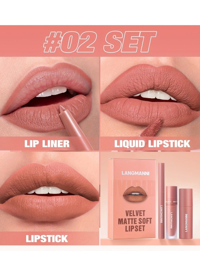 LANGMANNI - 3 in 1 Matte Soft Lip Set Lip Liner Liquid Lip Gloss and Lipstick Combo Set Soft Smooth Natural Lip Contour Set Waterproof and Long Lasting Effect All in One Lip Makeup Gift Set 02 - Image 1