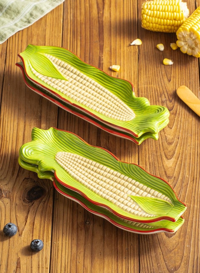 YHOJOY Corn on the Cob Dishes Set of 4, 10 Inch Large Ceramic Corn Cob Holders Plates, Embossed Corn Trays for Mess-Free BBQ, Summer Picnic, Oven & Dishwasher Safe, Multicolor - Image 4