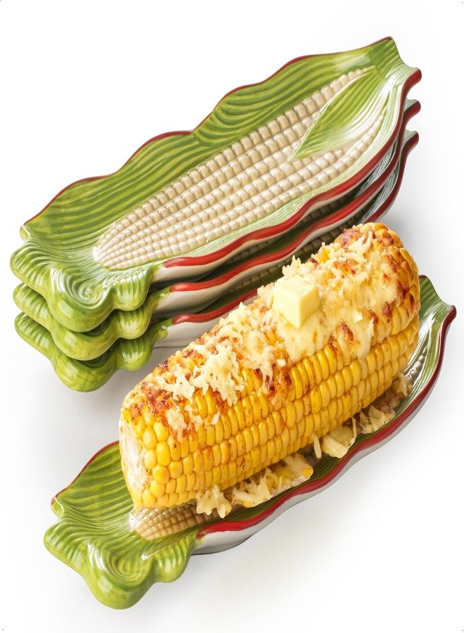 YHOJOY Corn on the Cob Dishes Set of 4, 10 Inch Large Ceramic Corn Cob Holders Plates, Embossed Corn Trays for Mess-Free BBQ, Summer Picnic, Oven & Dishwasher Safe, Multicolor - Image 1