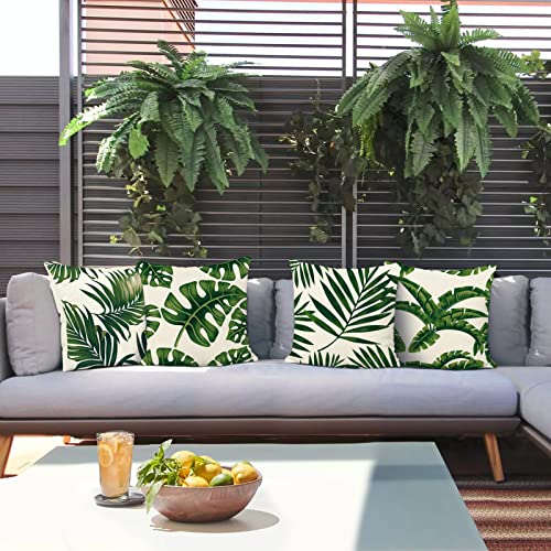 Bonhause Tropical Leaves Throw Pillow Covers 16x16 Set of 4 Green Palm Leaf Decorative Pillow Cases Polyester Linen Outdoor Cushion Covers for Sofa Couch Garden Home Decor - Image 2