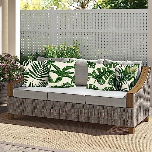 Bonhause Tropical Leaves Throw Pillow Covers 16x16 Set of 4 Green Palm Leaf Decorative Pillow Cases Polyester Linen Outdoor Cushion Covers for Sofa Couch Garden Home Decor - Image 3