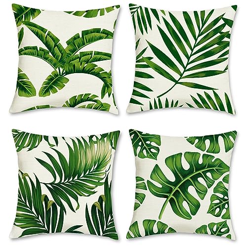 Bonhause Tropical Leaves Throw Pillow Covers 16x16 Set of 4 Green Palm Leaf Decorative Pillow Cases Polyester Linen Outdoor Cushion Covers for Sofa Couch Garden Home Decor - Image 1