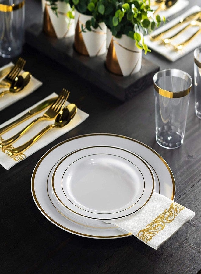 Munfix 100 Gold Plastic Plates Set, 10 Inch Fancy Heavy Duty Elegant Disposable Dinner Plates, For Party, Wedding, White with Gold Rim - Image 3