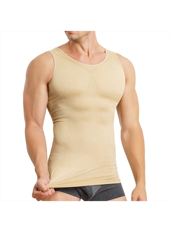 MOLUTAN Mens Compression Shirt Slimming Body Shaper Vest Sleeveless Waist Trainer Workout Tank Top Tummy Control Shapewear (Beige, Medium-Large)  - Image 1