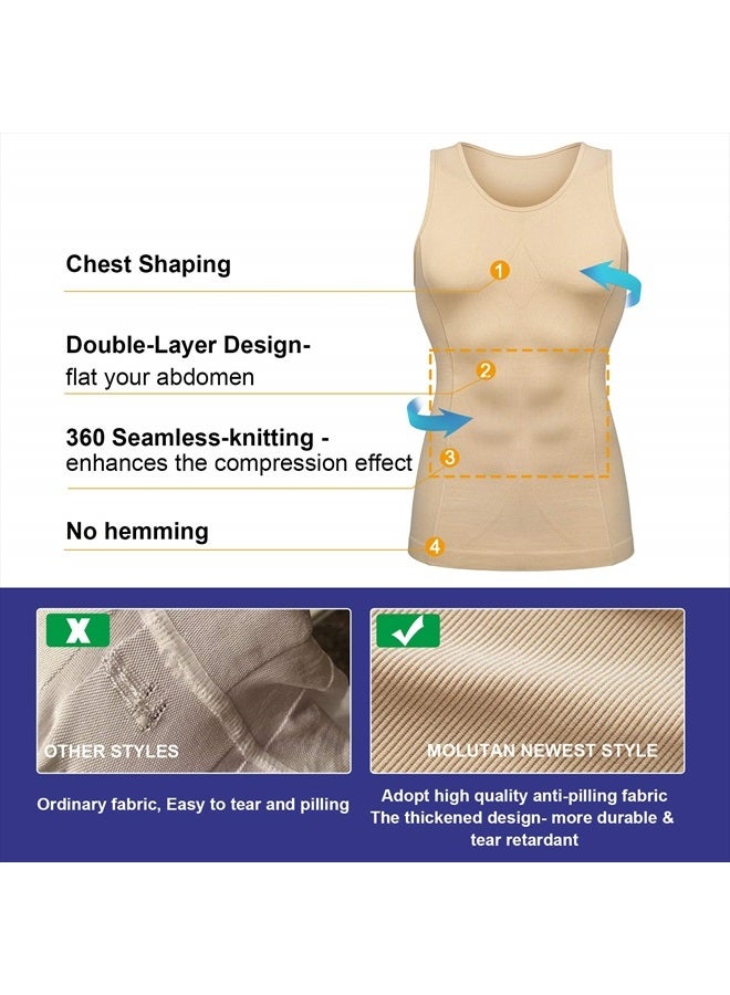 MOLUTAN Mens Compression Shirt Slimming Body Shaper Vest Sleeveless Waist Trainer Workout Tank Top Tummy Control Shapewear (Beige, Medium-Large)  - Image 3