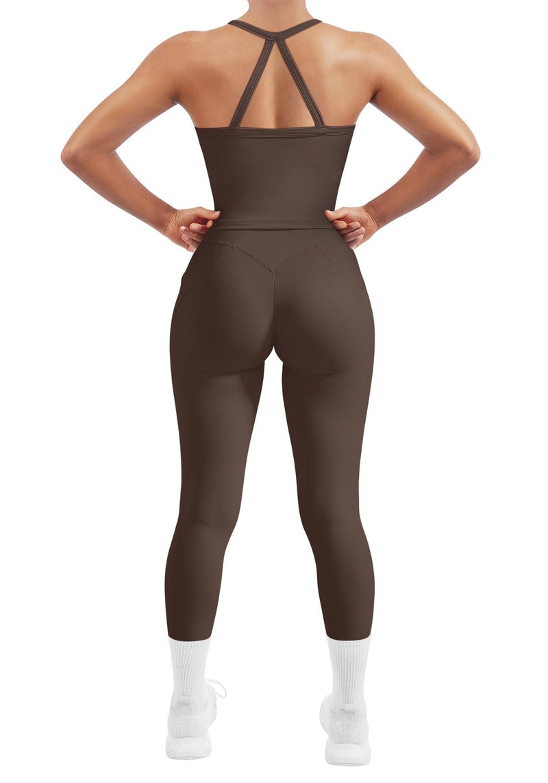 SUUKSESS Women 2 Piece Workout Sets Tummy Control Compression Yoga Pants with Pockets Halter Built in Bra Tank Tops Sports Bra Scrunch Butt Lting Leggings (Brown, M) - Image 1