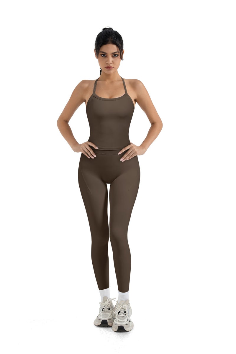 SUUKSESS Women 2 Piece Workout Sets Tummy Control Compression Yoga Pants with Pockets Halter Built in Bra Tank Tops Sports Bra Scrunch Butt Lting Leggings (Brown, M) - Image 2