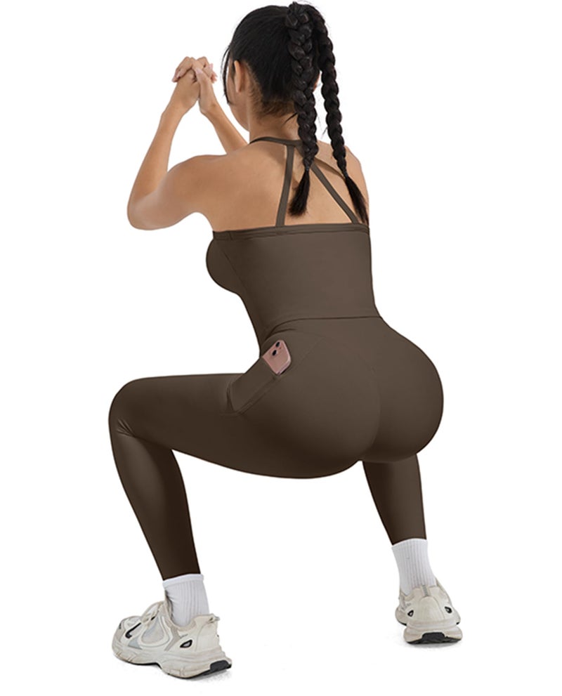 SUUKSESS Women 2 Piece Workout Sets Tummy Control Compression Yoga Pants with Pockets Halter Built in Bra Tank Tops Sports Bra Scrunch Butt Lting Leggings (Brown, M) - Image 3
